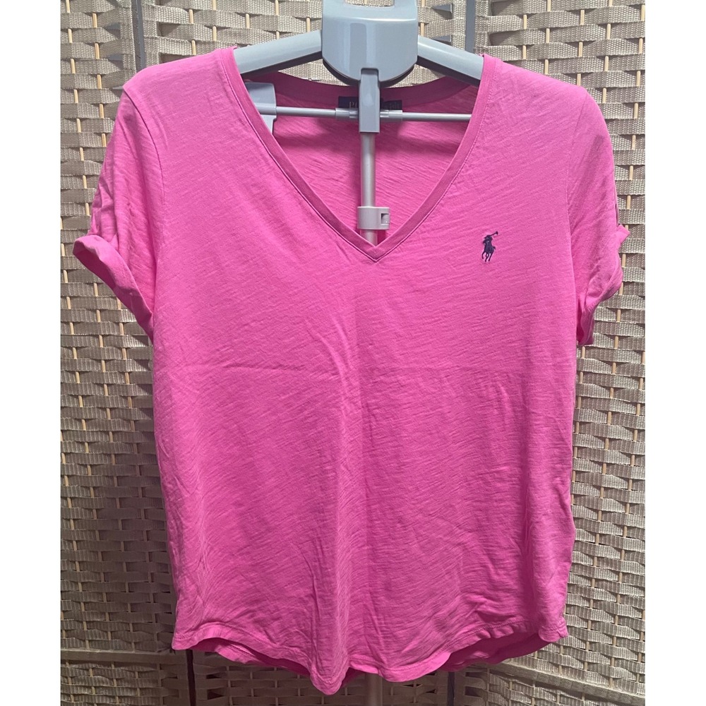 Polo Ralph Lauren Womens Pink V-Neck Slub Cotton T-Shirt XL Embroidered Pony